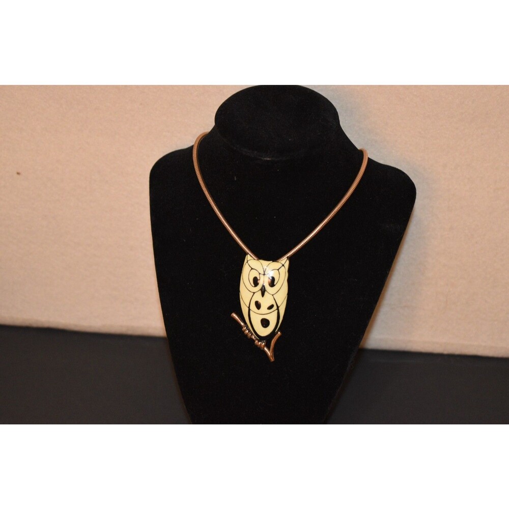 Eisenberg Chartreuse Black Gold Enamel Vintage Owl Pendant 20" Necklace